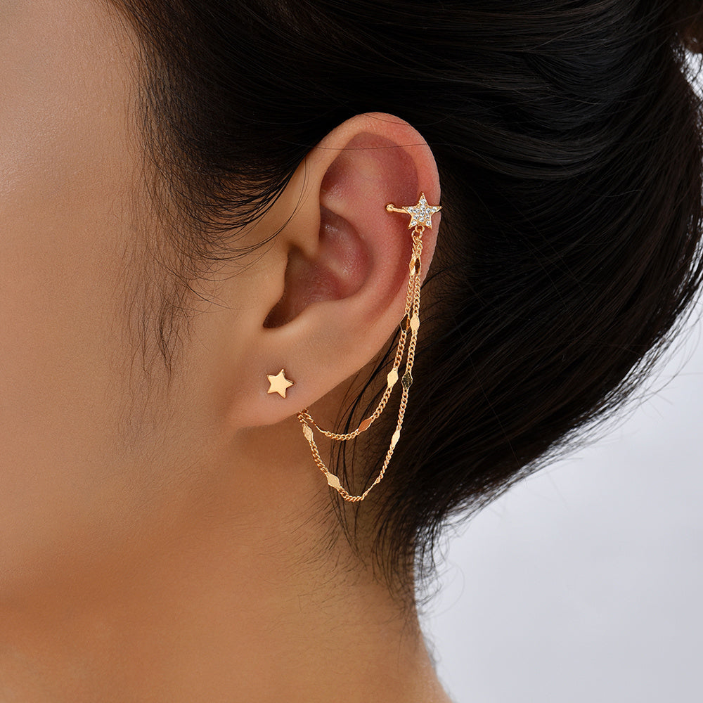 Integrated Long Tassel Earrings with Micro Set Zircon Five Pointed Star | Ear Bone Clip Jewelry
