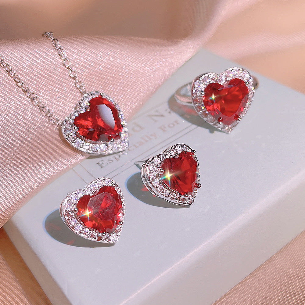 Elegant Garnet Ring, Pendant, and Stud Earrings Set | Three-Piece Jewelry Collection
