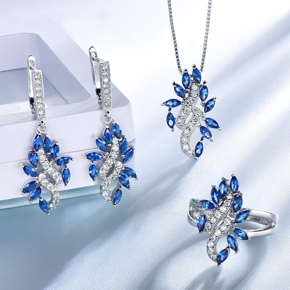 Sapphire Leaf Jewelry Set with Diamond Accents | 3-Piece Pendant, Earrings, and Ring Set