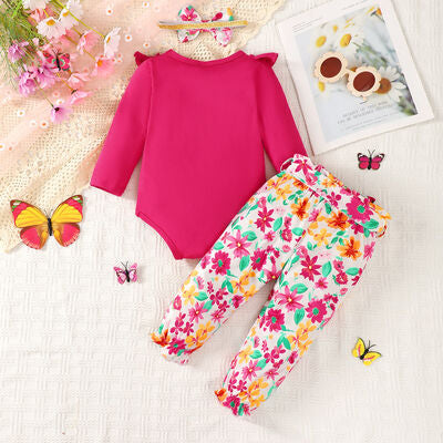 Bow Ruffled Round Neck Bodysuit and Printed Pants Set | M.B.B Kids,Ship From Overseas