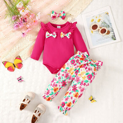 Bow Ruffled Round Neck Bodysuit and Printed Pants Set | M.B.B Kids,Ship From Overseas
