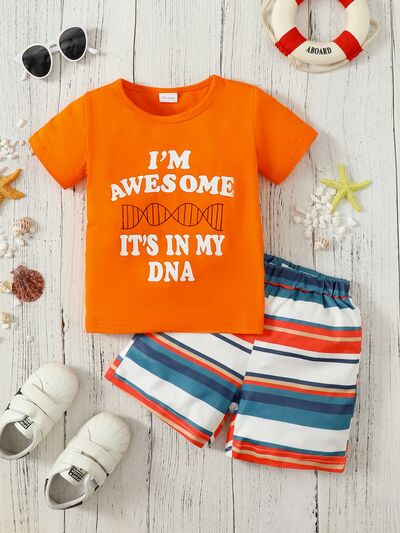 I'M AWESOME IT'S IN MY DNA Short Sleeve Top and Striped Shorts Set | M.B.B Kids,Ship From Overseas