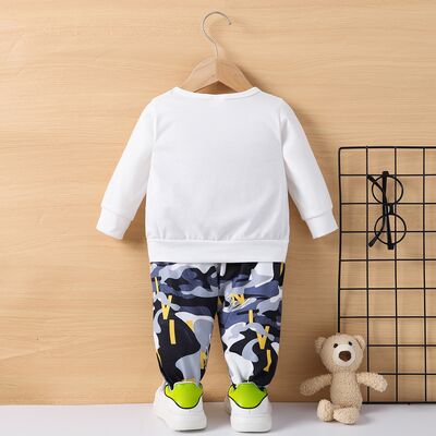 Bear Round Neck Top and Camouflage Pants Set | M.Q,Ship From Overseas