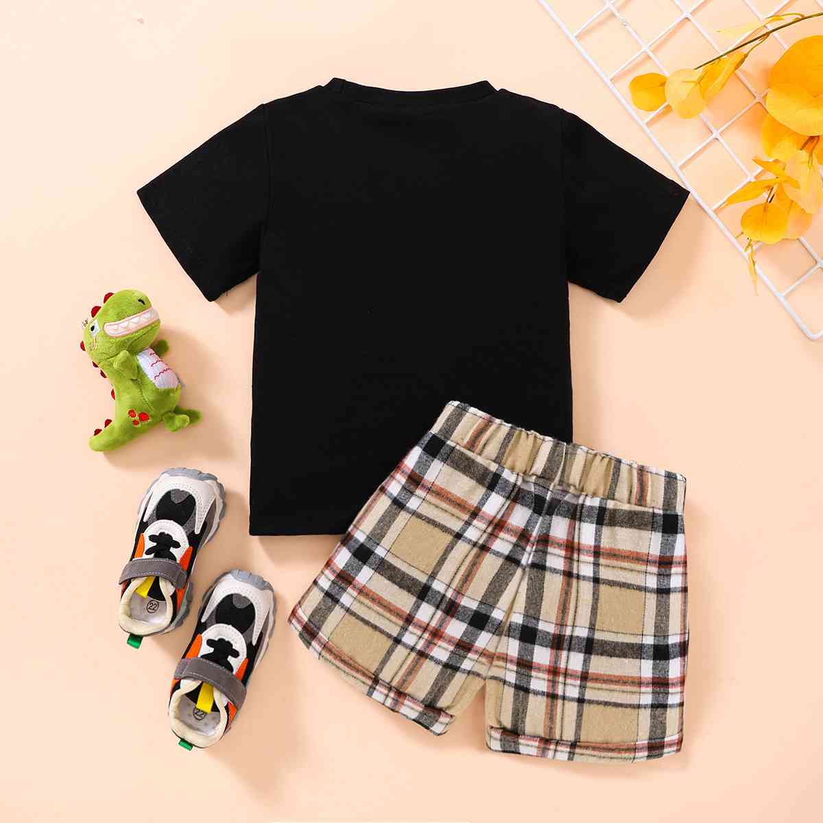 Kids Dinosaur Graphic Tee and Plaid Shorts Set | M.Q,Ship From Overseas