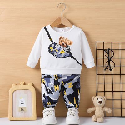 Bear Round Neck Top and Camouflage Pants Set | M.Q,Ship From Overseas