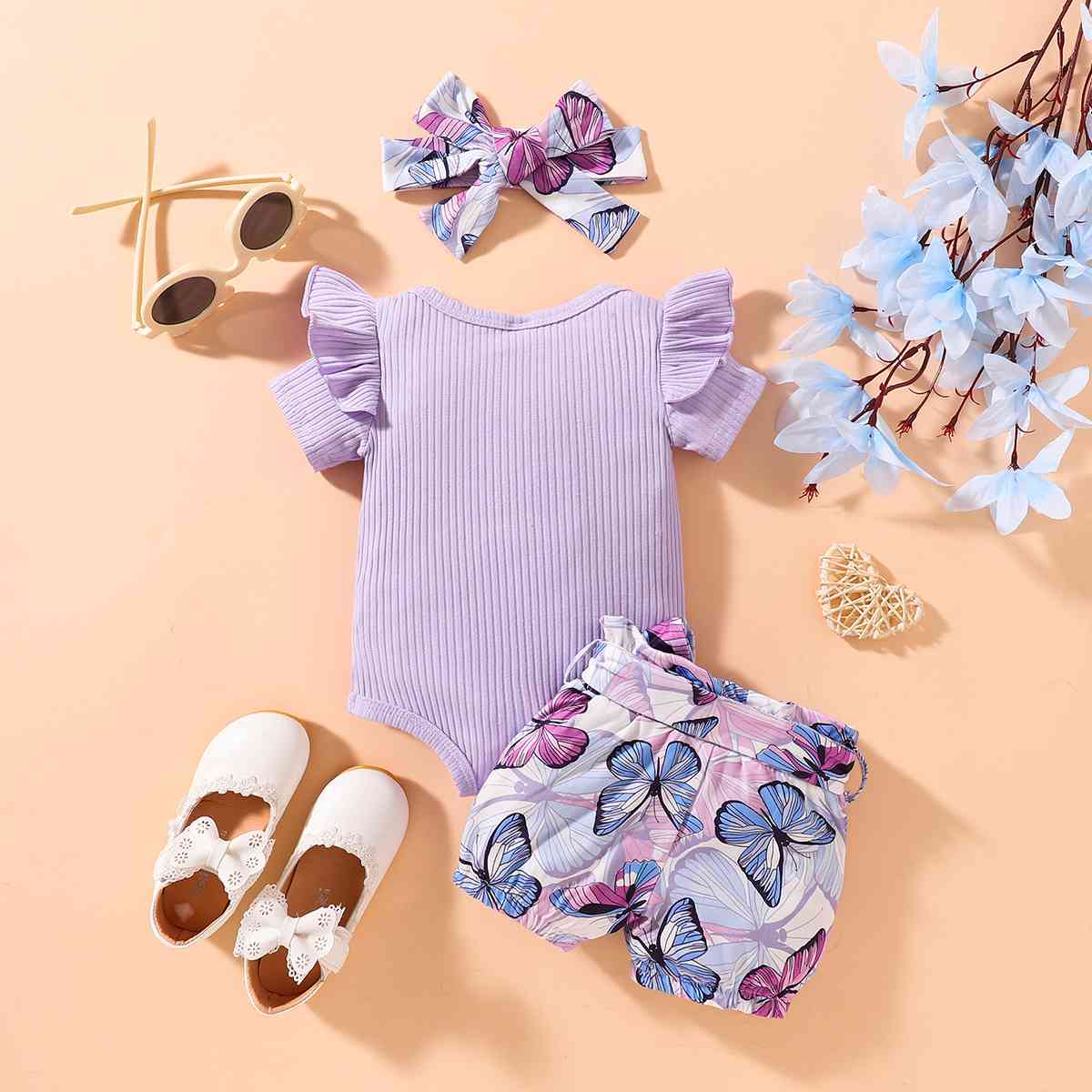 Ribbed Ruffle Shoulder Bodysuit and Butterfly Print Shorts Set | M.Q,Ship From Overseas