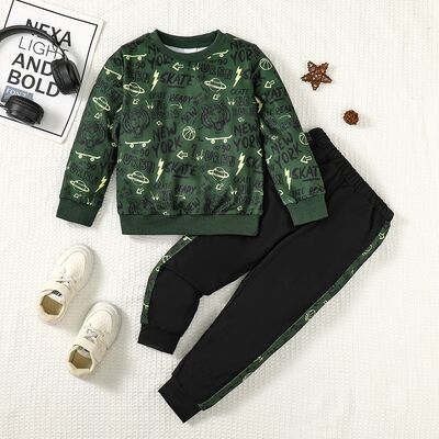 Letter Print Round Neck Top and Pants Set | M.B.B Kids,Ship From Overseas
