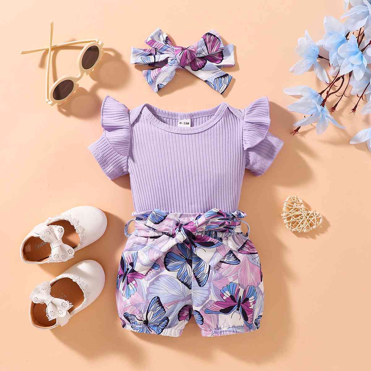Ribbed Ruffle Shoulder Bodysuit and Butterfly Print Shorts Set | M.Q,Ship From Overseas